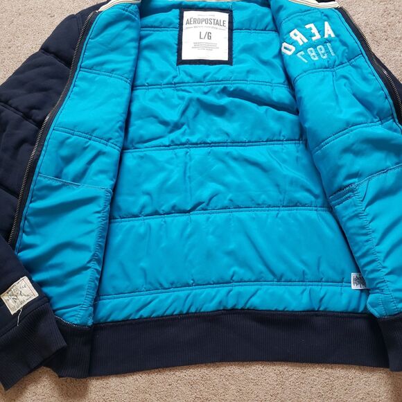 VTG Y2K Aeropostale Heavy Insulated Size Large Mens Blue Embroidered Hoodie - Picture 5 of 8